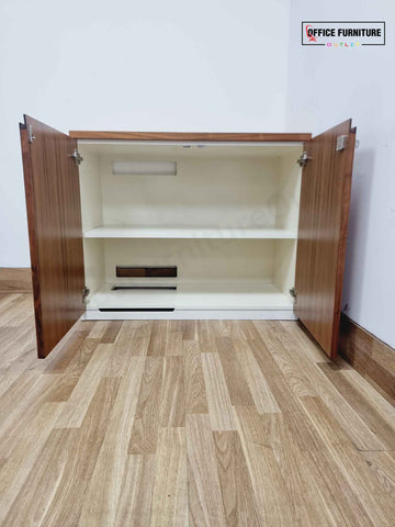 Walnut & White Low-Level Storage Cabinet with Cable Management Cut-Outs