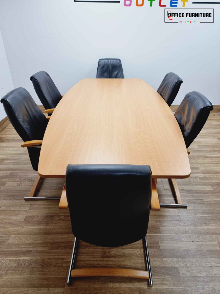 Six Person Beech Meeting Table With Leather Chairs
