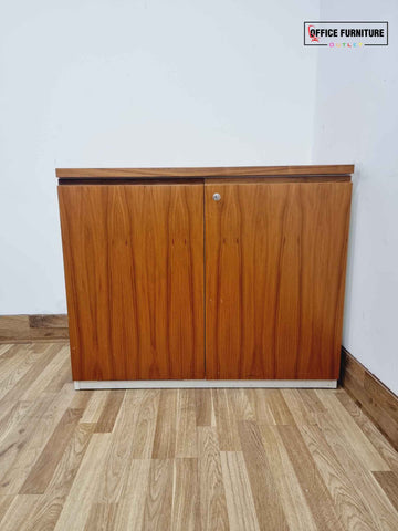 Walnut & White Low-Level Storage Cabinet with Cable Management Cut-Outs