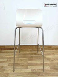 Allermuir white and blue bar stool set of 3, back view, stackable design