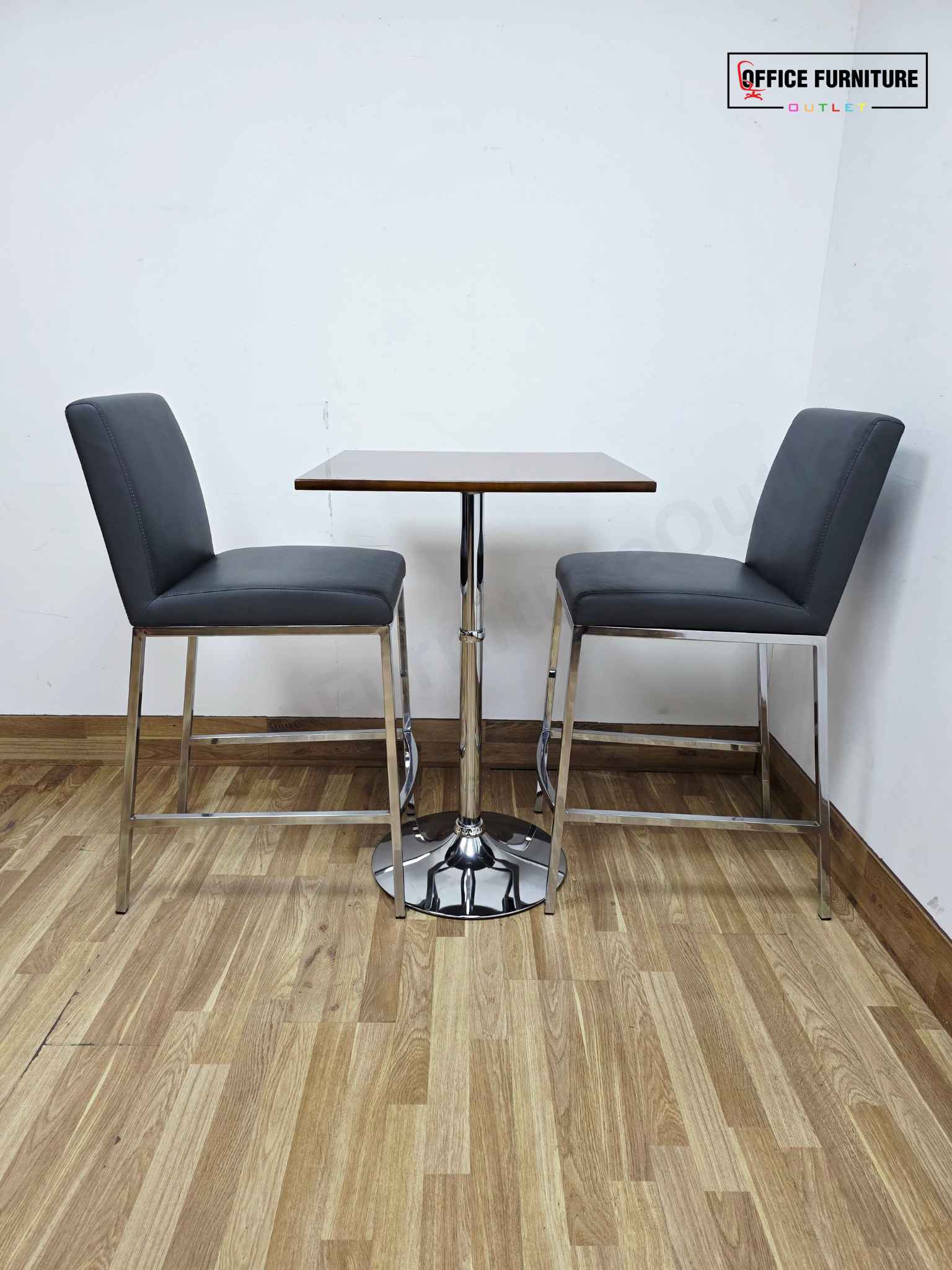 Contemporary Café Table & Chair Set – Walnut Top & Chrome Frame