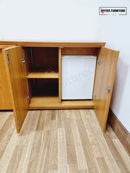 Golden Oak Credenza Cabinet with Built-In Fridge