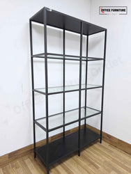 Modern Black Metal & Glass Shelving Unit – Display Bookcase