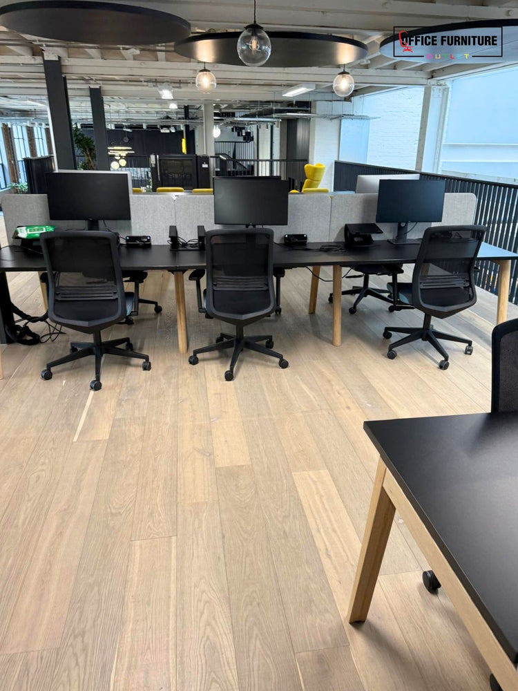 Narbutas Nova Wood 6 Person Bench Desk with Grey Partition Screens