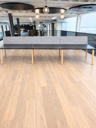 Narbutas Nova Wood 6 Person Bench Desk with Grey Partition Screens