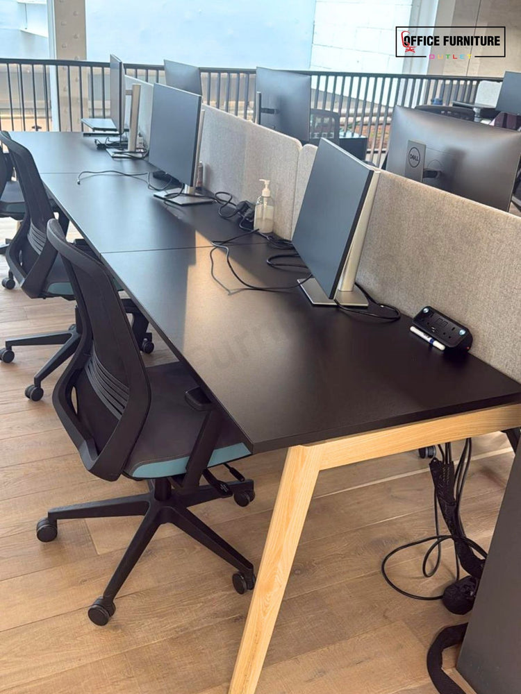 Narbutas Nova Wood 6 Person Bench Desk with Grey Partition Screens