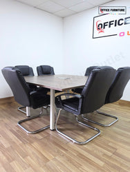 Walnut 6 Person Meeting Table with 6 Faux Leather Chairs
