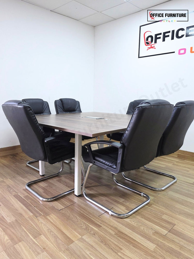 Walnut 6 Person Meeting Table with 6 Faux Leather Chairs