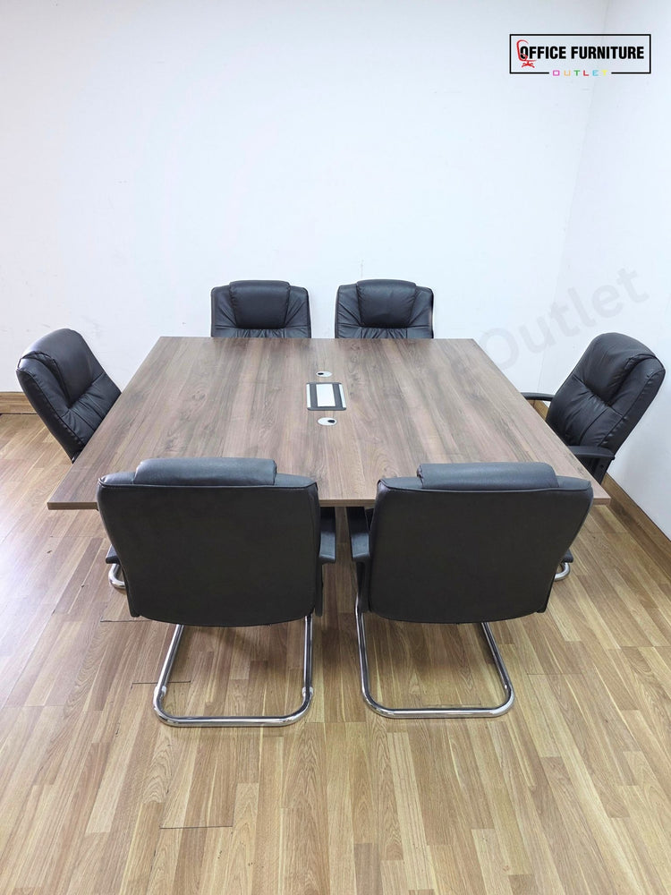 Walnut 6 Person Meeting Table with 6 Faux Leather Chairs