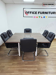 Walnut 6 Person Meeting Table with 6 Faux Leather Chairs
