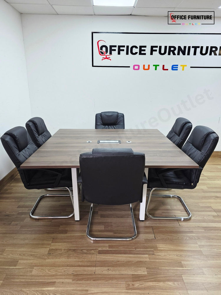 Walnut 6 Person Meeting Table with 6 Faux Leather Chairs