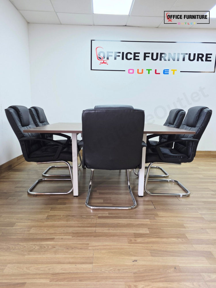 Walnut 6 Person Meeting Table with 6 Faux Leather Chairs