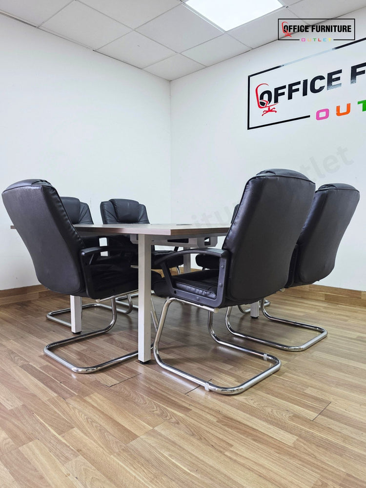 Walnut 6 Person Meeting Table with 6 Faux Leather Chairs