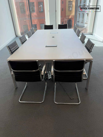 12-Person White Boardroom Table with Cantilever Chairs