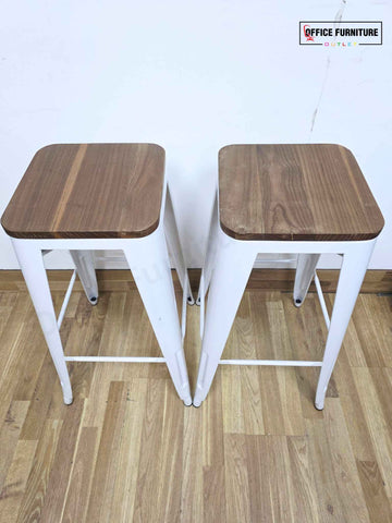 Set of Two Bar Stools – White Metal Frame with Walnut Wooden Seat