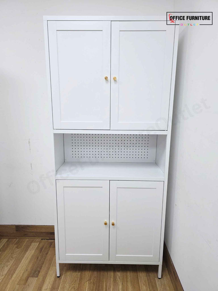 White Metal Storage Cabinet with Cupboards & Open Shelf (ST52)