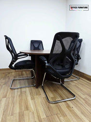 Round 4-Seater Walnut Meeting Table + Mesh Back Cantilever Chairs