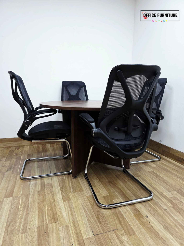 Round 4-Seater Walnut Meeting Table + Mesh Back Cantilever Chairs