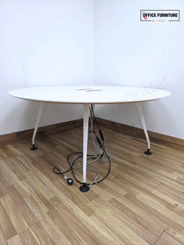 Large Round White Meeting Room Table (160cm) – Modern Office Table with Integrated Power Ports