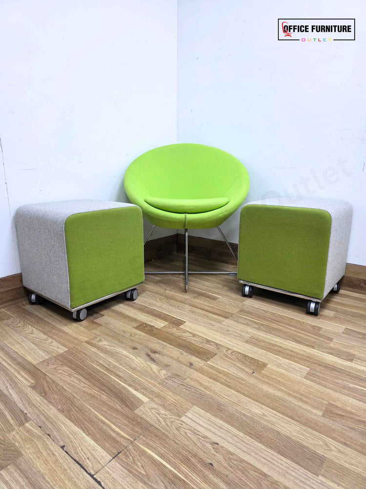Allermuir Seating Set – Conic A630 Tub Chair & 2x Pause Mobile Low Stools (Green/Grey)