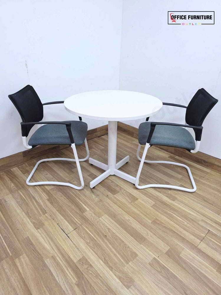 White Round Meeting Table with 2 Gresham SJX Cantilever Chairs (RT02)