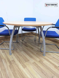 Beech Round Table with 4 Blue Verco Cantilever Chairs