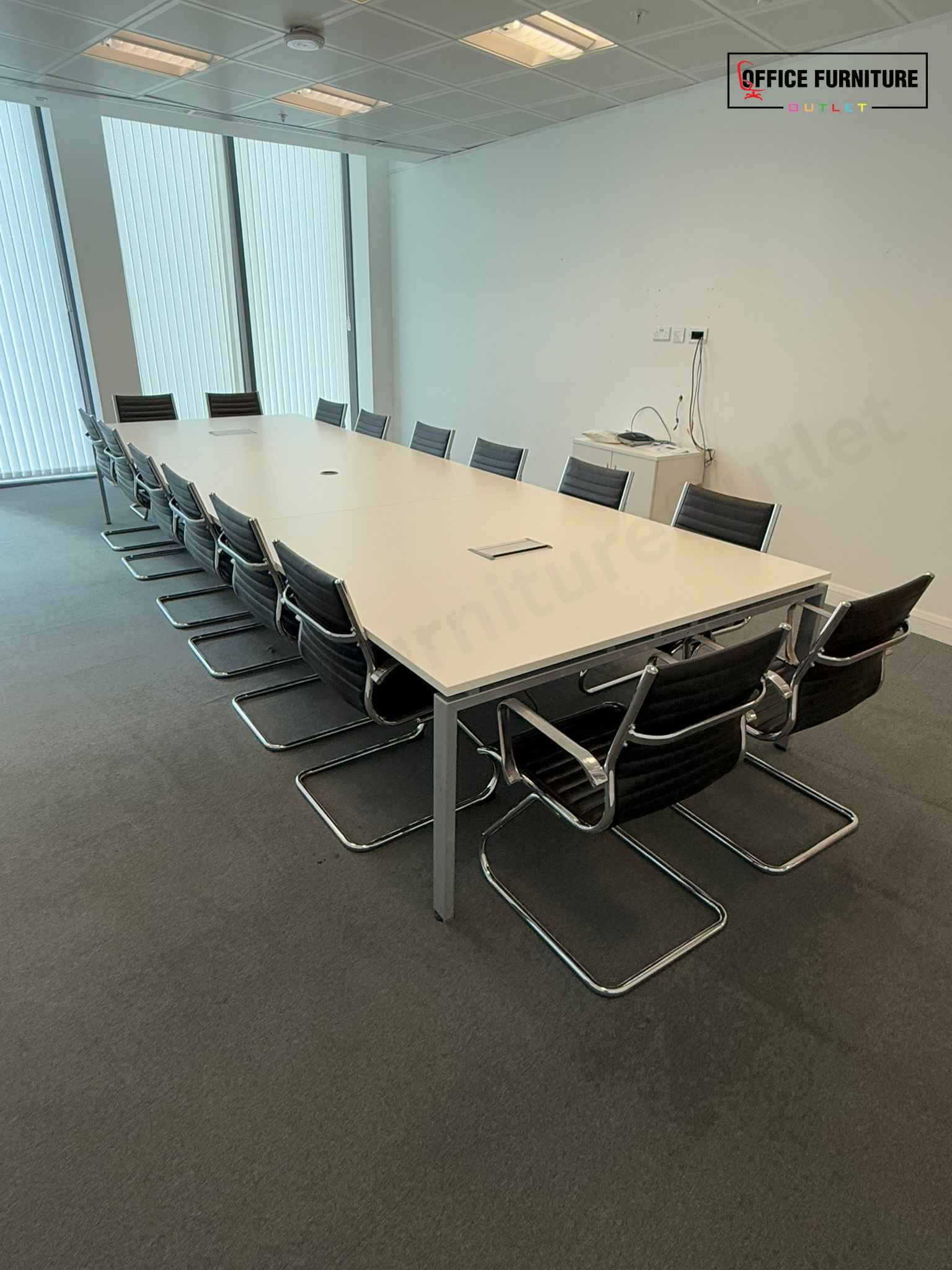 Large 16-Person Boardroom Table with Power Modules & Cantilever Chairs