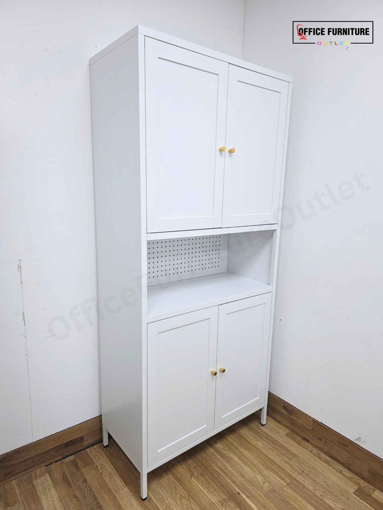 White Metal Storage Cabinet with Cupboards & Open Shelf (ST52)