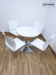 Flexiform Canteen Furniture Set – Round White Table with 4 White Plastic Stacking Chairs