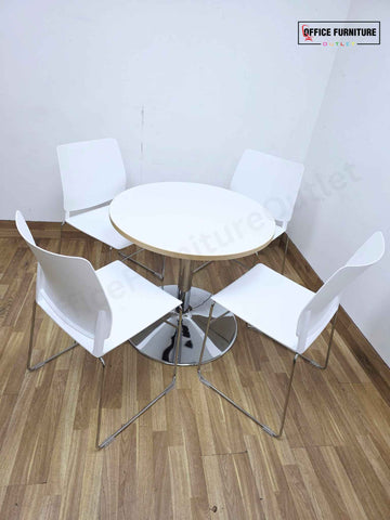 Flexiform Canteen Furniture Set – Round White Table with 4 White Plastic Stacking Chairs