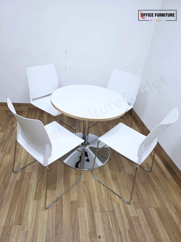 Flexiform Canteen Furniture Set – Round White Table with 4 White Plastic Stacking Chairs