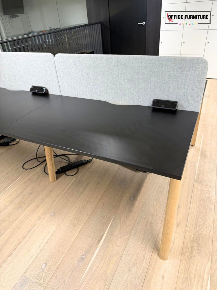 Narbutas Nova Wood 4 Person Bench Desk with Grey Partition Screens