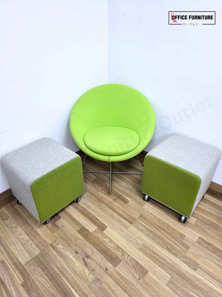 Allermuir Seating Set – Conic A630 Tub Chair & 2x Pause Mobile Low Stools (Green/Grey)
