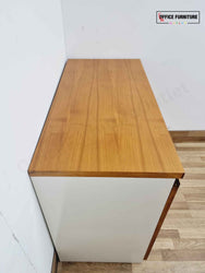 Walnut & White Low-Level Storage Cabinet with Cable Management Cut-Outs