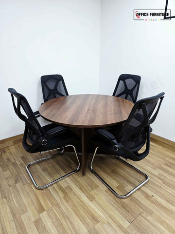Round 4-Seater Walnut Meeting Table + Mesh Back Cantilever Chairs