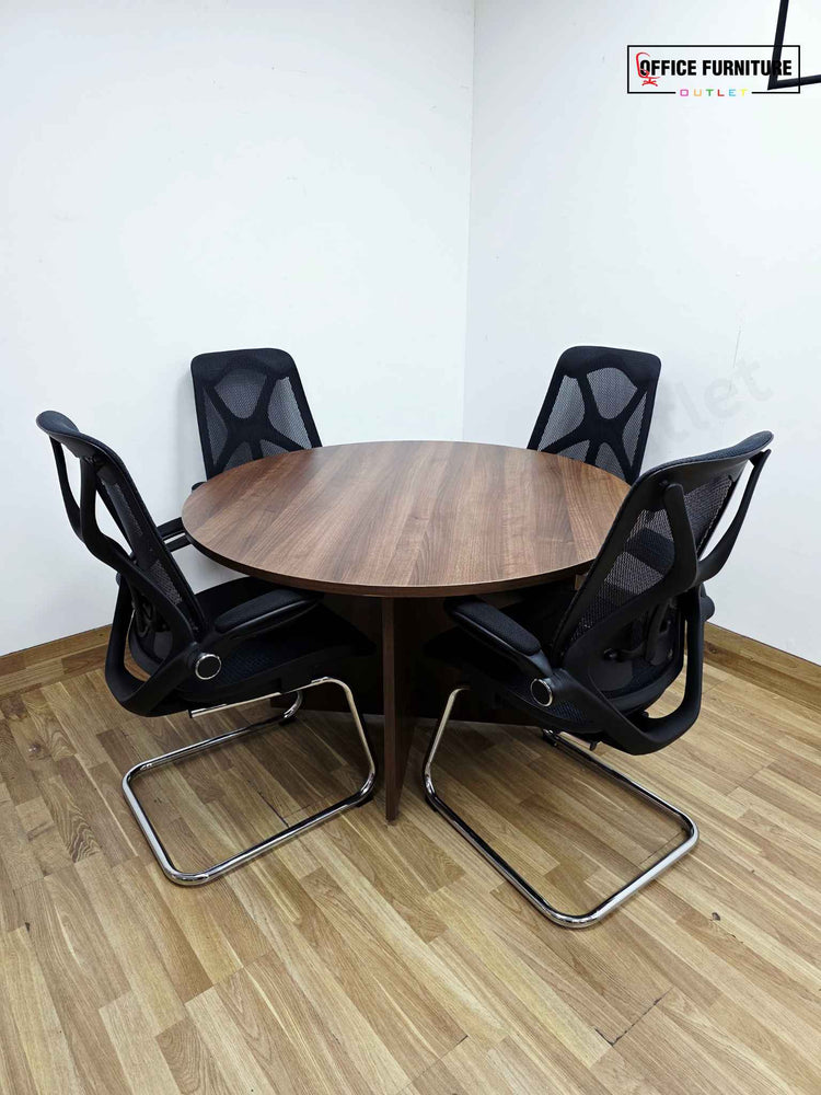 Round 4-Seater Walnut Meeting Table + Mesh Back Cantilever Chairs