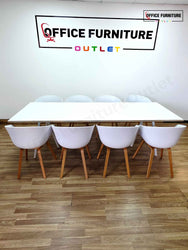 8-Person White Meeting Table with 8 x HAY About A Bucket Chairs