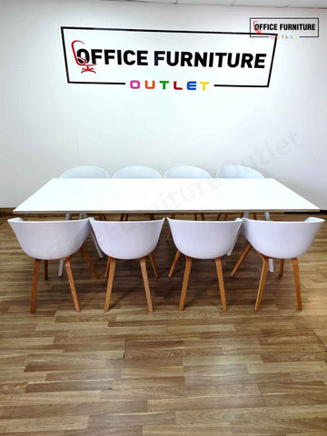 8-Person White Meeting Table with 8 x HAY About A Bucket Chairs