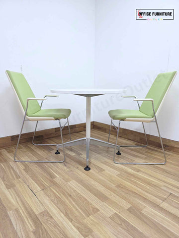 White Round Meeting Table with 2 Allermuir Confer Cantilever Armchairs (RT03)
