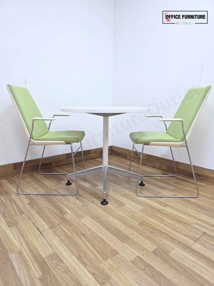 White Round Meeting Table with 2 Allermuir Confer Cantilever Armchairs (RT03)
