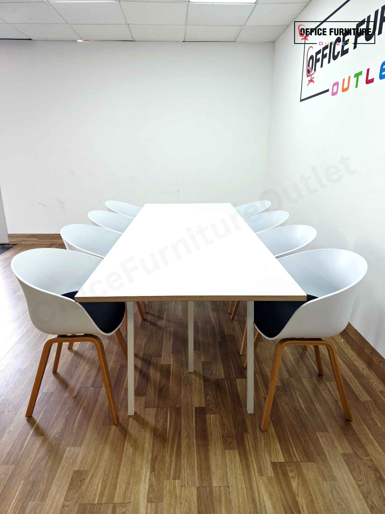 8-Person White Meeting Table with 8 x HAY About A Bucket Chairs