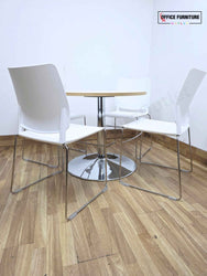 Flexiform Canteen Furniture Set – Round White Table with 4 White Plastic Stacking Chairs