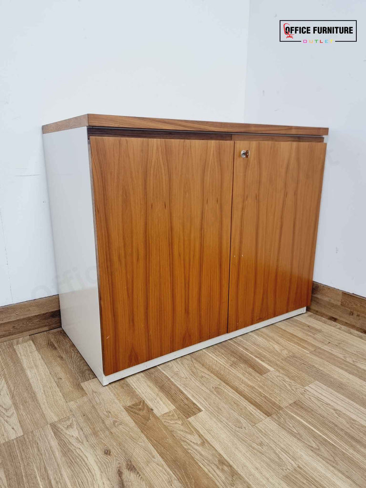Walnut & White Low-Level Storage Cabinet with Cable Management Cut-Outs