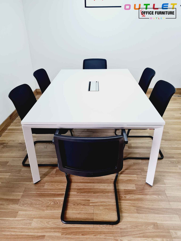 White Steelcase Meeting Table With Six Black Haworth Chairs