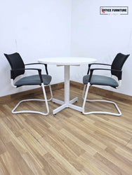 White Round Meeting Table with 2 Gresham SJX Cantilever Chairs (RT02)