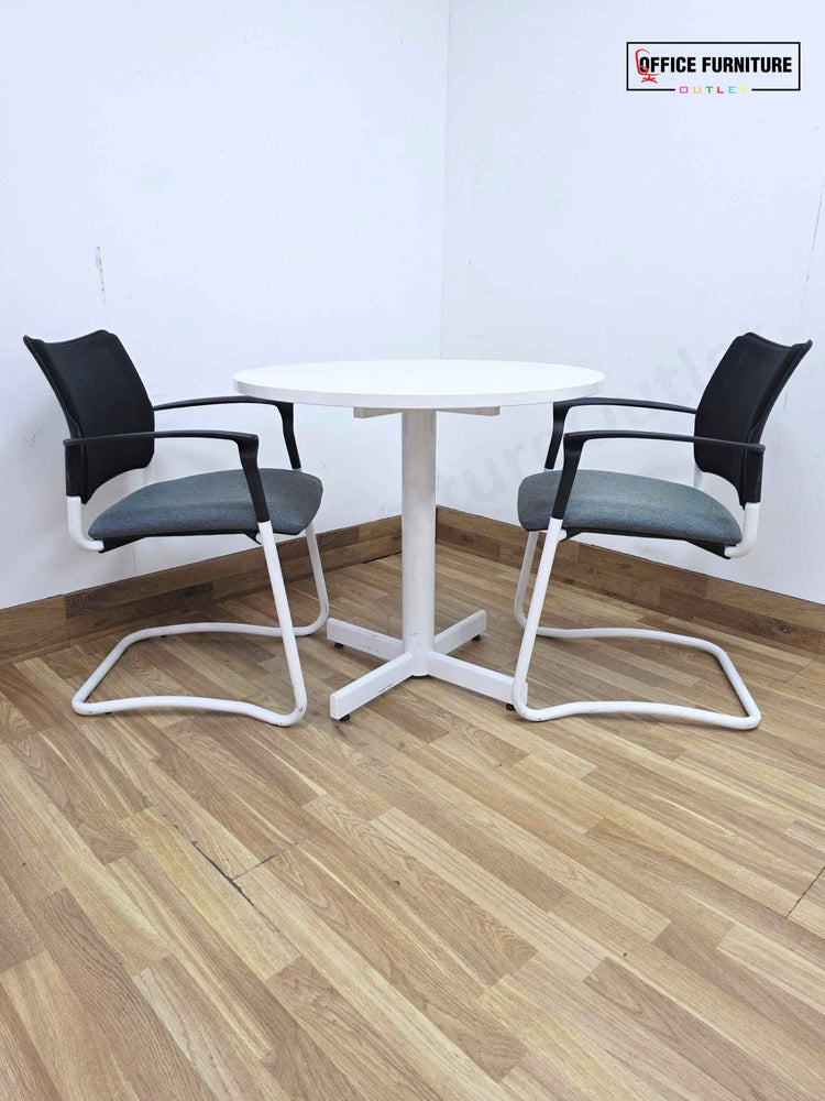 White Round Meeting Table with 2 Gresham SJX Cantilever Chairs (RT02)
