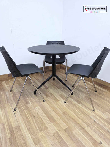Black Round Canteen Table with 3 Strike Chairs (RT04)