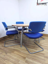 Beech Round Table with 4 Blue Verco Cantilever Chairs