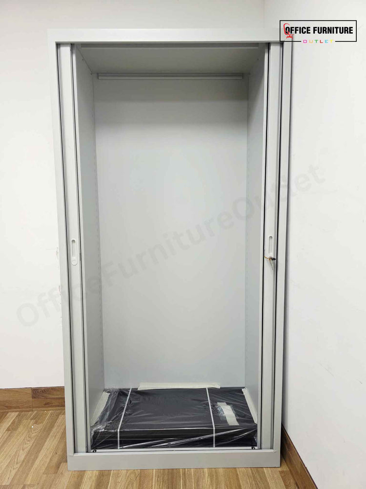 Tall Grey Metal Tambour Cabinet with Four Shelves (ST24)
