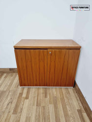 Walnut & White Low-Level Storage Cabinet with Cable Management Cut-Outs